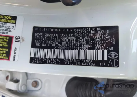 2015 Toyota Corolla Le z USA, uszkodzony, nr VIN 2T1BURHE3FC383092